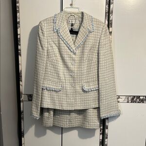 Travis Ayers 2pc Cream and Blue Tweed Skirt Set